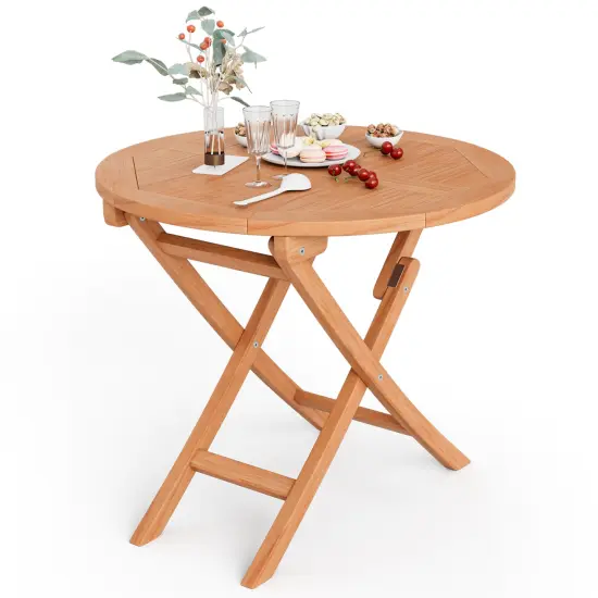 Costway 31.5'' Patio Round Folding Dining Table Solid Indonesia Teak Wood Natural Outdoor Portable {1}