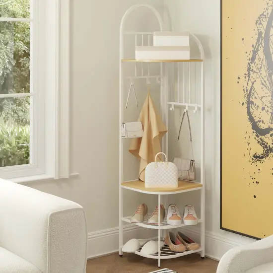 Costway 4-Tier Coat Rack Corner Hall Tree with Shoe Storage Bench 6 Removable Hooks Bedroom Brown/Natural/White {2}