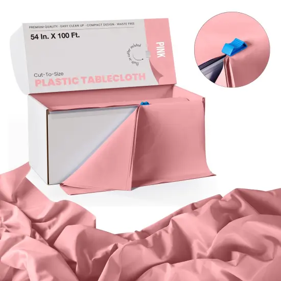 Exquisite Party Solids 54" x 100' Plastic Table Cover Roll with Slide Cutter &ndash; Cut-to-Size Dispenser Box &ndash; Makes Up to 36 Disposable 8' Rectangle Tablecloths Pink {2}