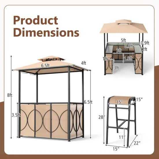 Costway 6.5 x 4 x 8 FT Grill Gazebo Set with 2 Bar Stools, Tempered Glass Bar Table Brown/Gray {3}