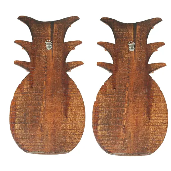 Set of 2 Hand Carved Wooden Pineapple Hanging Wall Art Sculptures Home Decor {4}