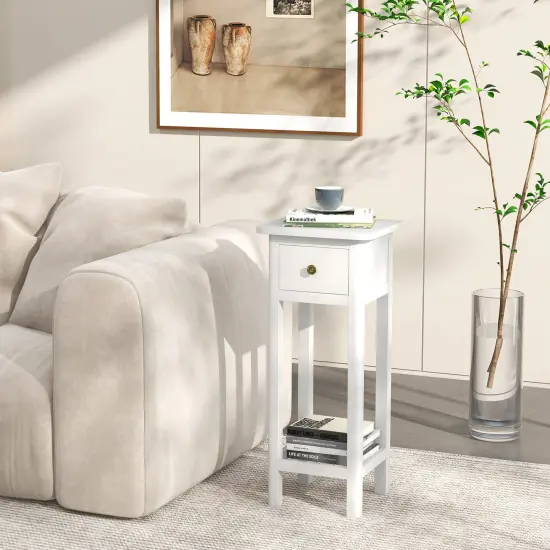 Costway 2 Tier End Bedside Sofa Side Table with Drawer Shelf Acacia Wood Nightstand {2}