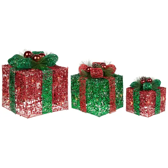 Northlight LED Lighted Glitter Threaded Gift Boxes Outdoor Christmas Decoration - Set of 3 Red {5}