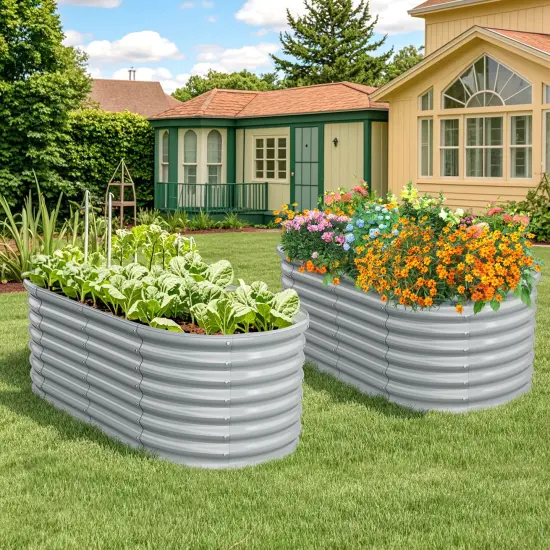 Costway 2 PCS Raised Garden Bed Kit Planter Raised Garden Boxes Outdoor 65" x 32" x 24" Gray/Silver {9}