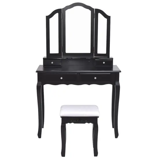 Costway Makeup Table Stool Set Tri Folding Mirror Vanity White\Black {3}