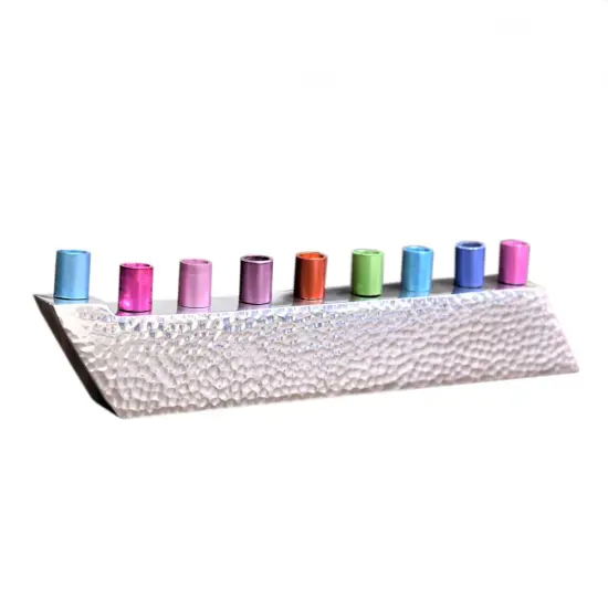 Hammered Metal Menorah with Colorful Candle Cups By Kinor Decor {1}