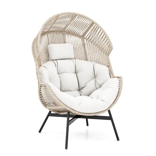 Costway Oversized Egg Style Chair with Cushions & Headrest Heavy-Duty Metal Frame for Yard Off White/Grey/Black {8}