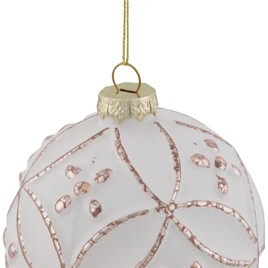 Northlight Embossed Floral Matte Glass Christmas Ball Ornament - 3.75" (95mm) - White and Rose Gold {6}