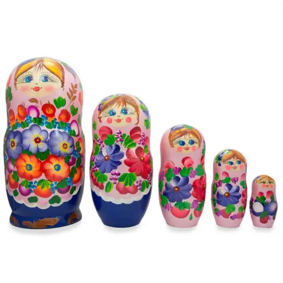 Flowers on Pink Dress WoodenNesting Dolls 7.25 Inches {1}