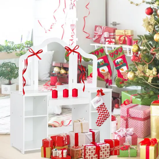 Costway Vanity Table Set Makeup Dressing Kids Girls Study Table Tri Folding MirrorWhitePink {5}