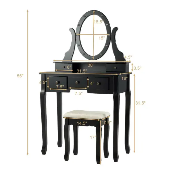 Costway Vanity Set Makeup Dressing Table w/5 Drawers 12 LED Bulb Black {2}