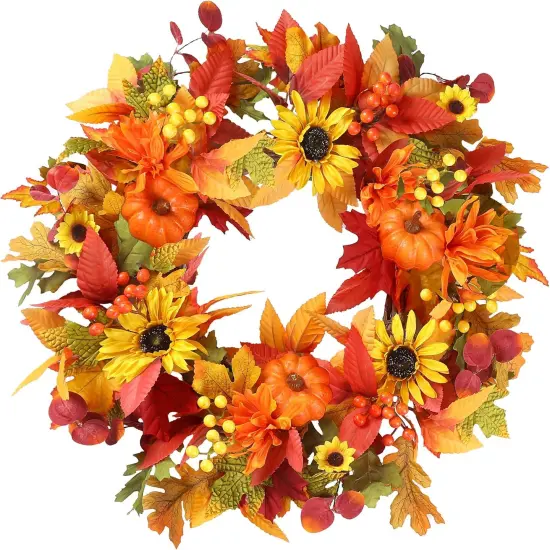 Fall Wreath Sunflower Pumpkins Berries Maple Leaves Daisies {1}