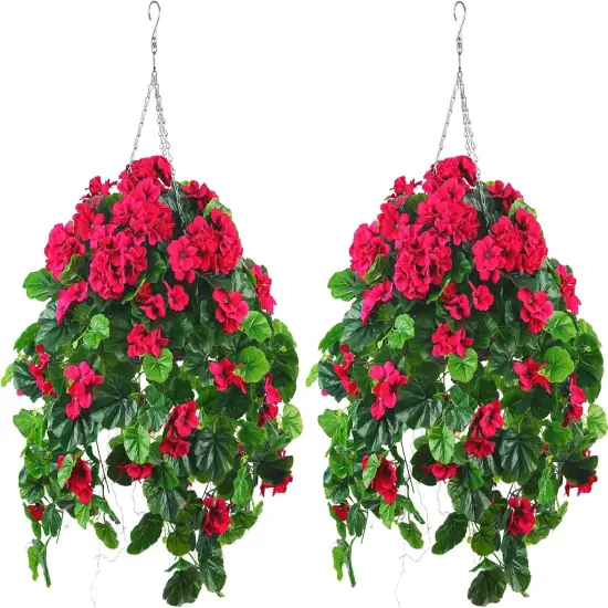 2PCS Fake Hanging Plants with Red Geranium Flowers - 31in {1}