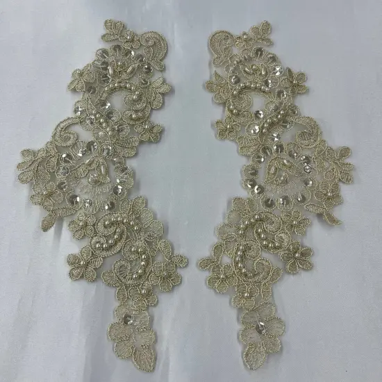 1 Pair 9" x 3" Each Side Beaded & Corded Floral Lace Applique Organza Antique Silver {4}