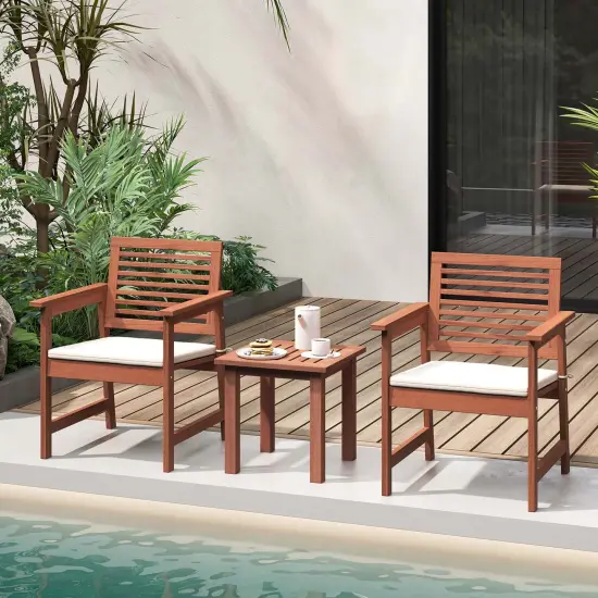 Costway 3 PCS Patio Furniture Set with 2 Seat Cushions Coffee Table Solid Wood Chairs {1}