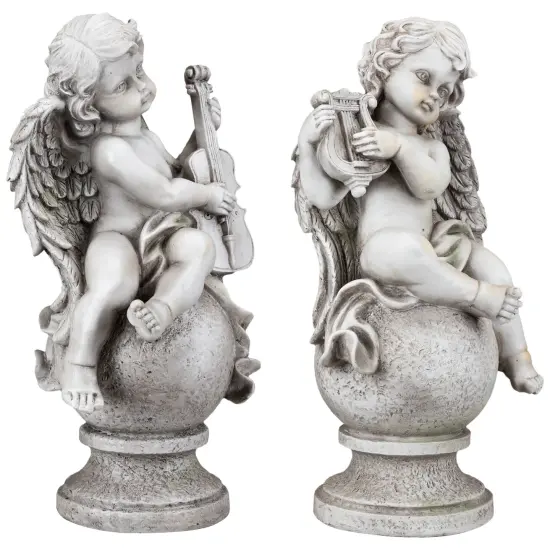 Northlight 14.75" Set of 2 Cherub Angels with Instruments Outdoor Garden Statues Gray {5}