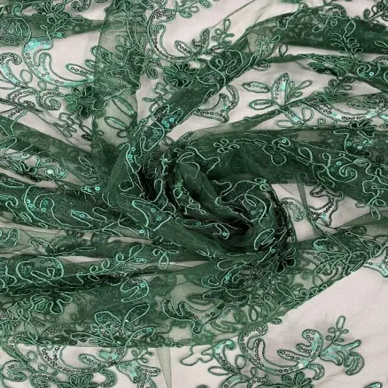 1 Yard Hunter Green Corded Sequin Lace Mesh Fabric with Double Scalloped Edge 54&rdquo; Wide {4}