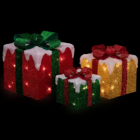 Northlight Set of 3 LED Lighted Green, Gold and Red Snowy Gift Boxes Outdoor Christmas Decorations {4}