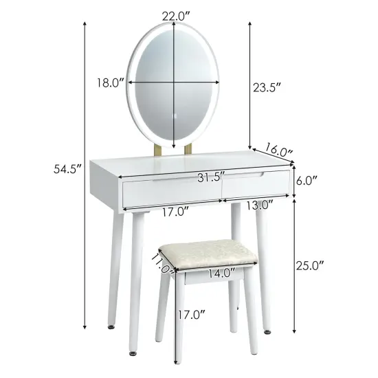 Costway Vanity Makeup Table Touch Screen 3 Lighting Modes Dressing Table Stool Set White\Black\ Gray {9}