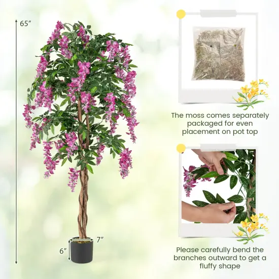 Costway 1/2 PCS 5.5 FT Tall Artificial Ficus Tree Faux Wisteria Plant in Nursery Pot Decoration Pink/Purple {3}
