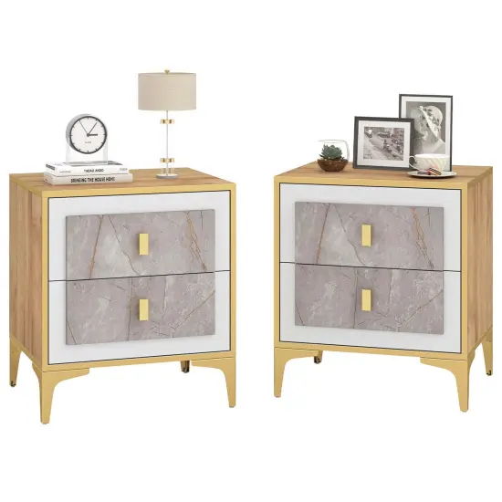 Costway 1/2 PCS Nightstand with Storage Faux Marble Surface Accent Table with 2 Pull-out Drawers {8}
