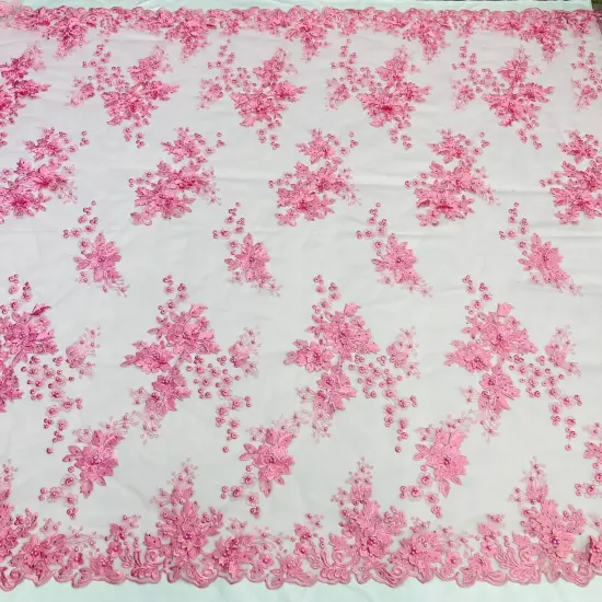 1 Yard Beaded Rhinestone 3D Floral Lace Fabric Embroidered Mesh Gown 52" Width Fuchsia {2}