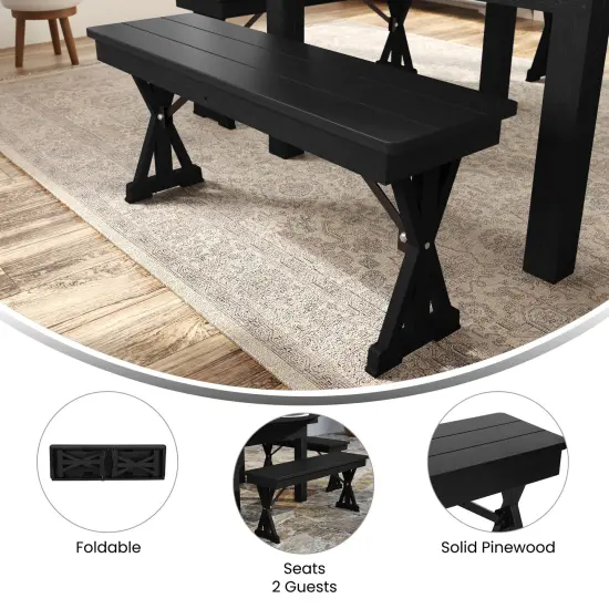 Merrick Lane Tinsley 40" x 12" Solid Pine Folding Farmhouse Style Bench, Rustic Pinewood Folding Dining Bench with Locking X-Legs Black Wash {5}