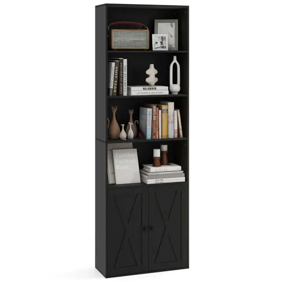 Costway 71" Farmhouse Bookcase with Doors with 6 Shelves & 2-Door Cabinet for Bedroom White/Black {1}