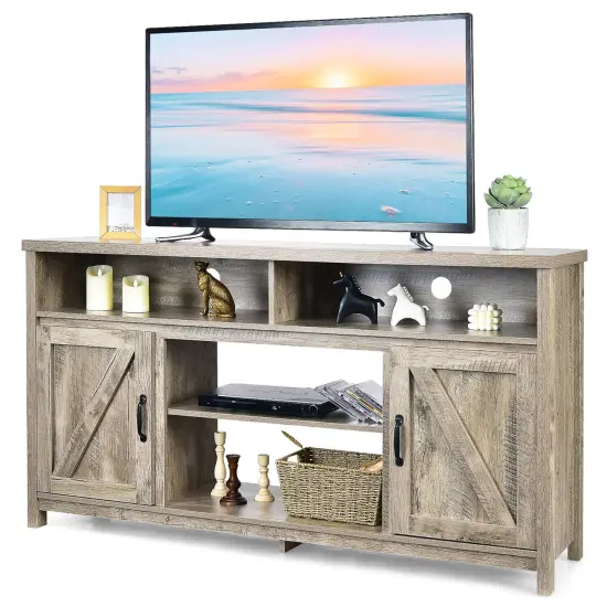 Costway 59'' TV Stand Media Center Console Cabinet w/ Barn Door for TV's 65'' Natural\Black\Coffee {1}