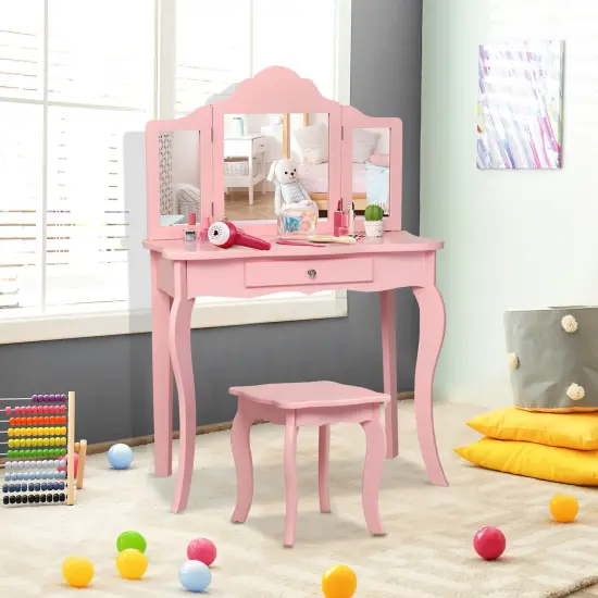 Costway Kids Vanity Table & Stool Princess Dressing Make Up Play Set for Girls White/Pink {1}