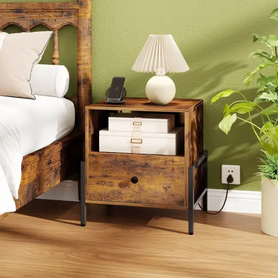 Costway Set of 1/2 Nightstand with Charging Station Bedside Table with Storage Shelf Side Table {11}