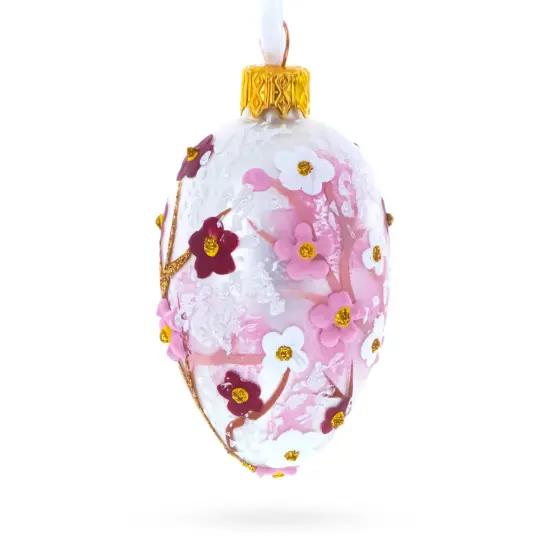 Pearl White with Pink Blossom Tree Design Mini Glass Egg Ornament 2.9 Inches {3}