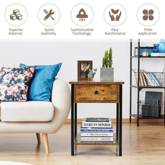 Costway Industrial End Side Table Nightstand with Drawer Shelf Rustic Brown {6}