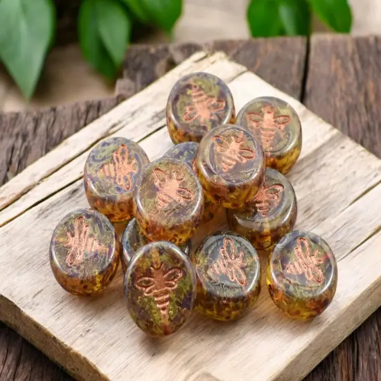 *12* 12mm Copper Washed Amber Bee Coin Beads {3}