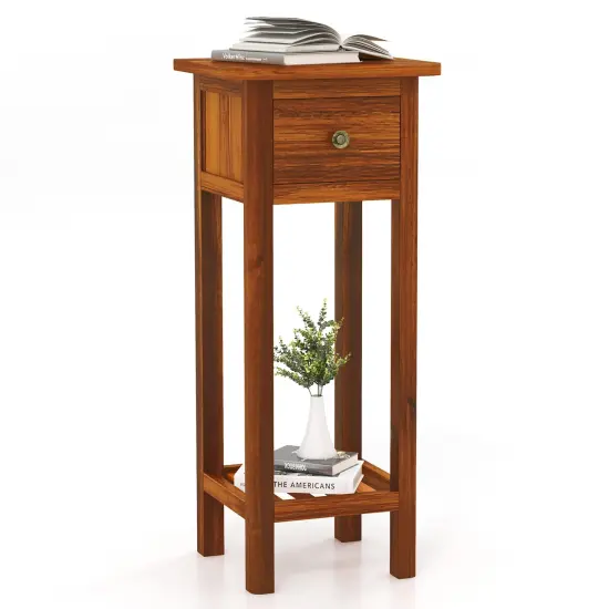 Costway Solid Wood Side Table with Acacia Wood Top Drawer & Open Shelf Small Nightstand {1}