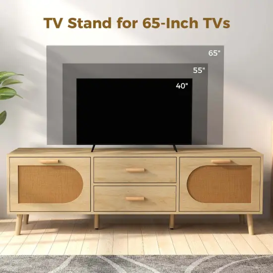 Costway Rattan TV Stand for 65-Inch TV 59" TV Console Cabinet Boho Entertainment Center {6}