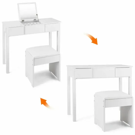 Costway White Vanity Dressing Table Furniture Stool Storage Box {5}