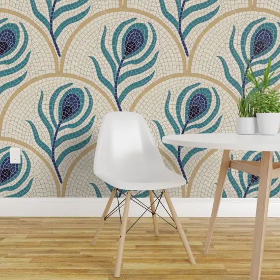 Pre-Pasted Wallpaper 2FT Wide Art Deco Tiles Teal Blue Ivory Bold Faux Tile Feathers Maximalist Glam Custom Pre-pasted Wallpaper by Spoonflower {1}
