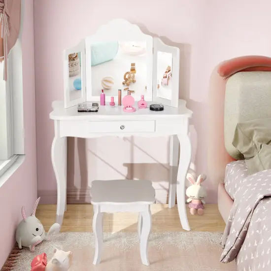 Costway Kid Vanity Table Set with Tri-folding Mirror 2-in-1 Makeup Dressing Table Stool Set {3}