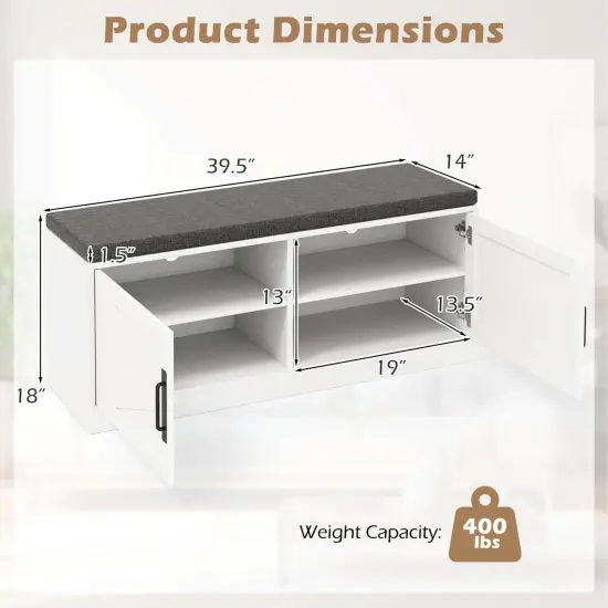 Costway Shoe Bench Farmhouse Shoe Rack Organizer with Cushion 2 Doors 2 Adjustable Shelves {3}