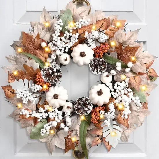 20 Inch Fall Wreaths for Front Door with White Pumpkins {1}