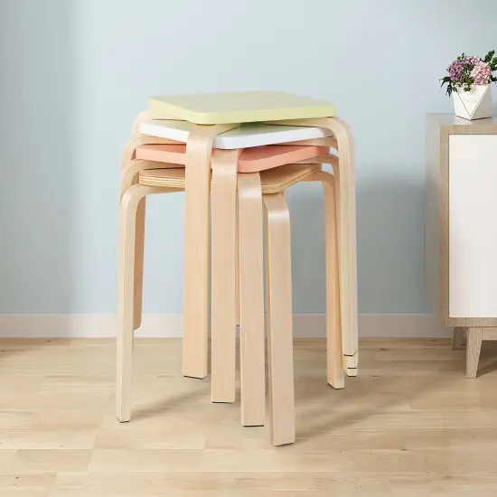 Costway Set of 4 Colorful Square Stools Stackable Wood Stools with Anti-slip Felt Mats {2}