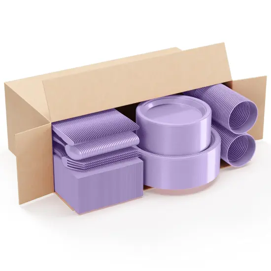 Exquisite 350 Pcs Plastic Plates for Party &ndash; Disposable Plates Set &ndash; 50 Each of 9" Dinner Plates, 7" Dessert Plates, Plastic Cups, Napkins & Plastic Cutlery &ndash; Plastic Dinnerware by Party Solids Lavender {3}