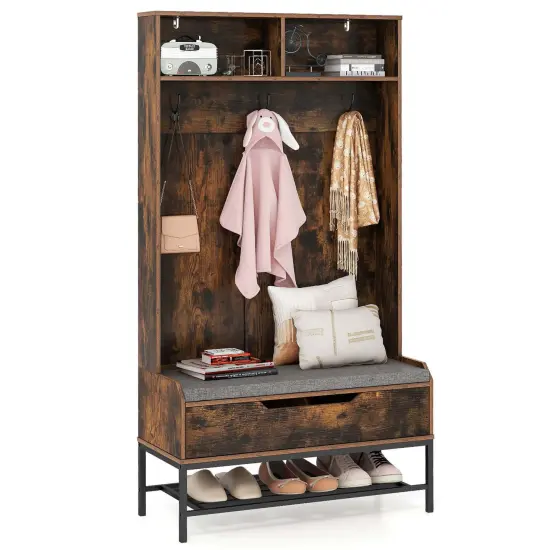 Costway 69" Tall Hall Tree with Seat Cushion Open Compartments Hooks Lift-top Storage White/Black/Rustic Brown {9}
