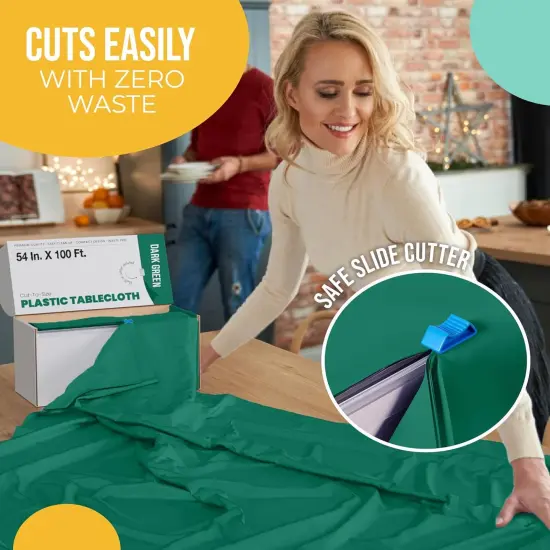 Exquisite Party Solids 54" x 100' Plastic Table Cover Roll with Slide Cutter &ndash; Cut-to-Size Dispenser Box &ndash; Makes Up to 36 Disposable 8' Rectangle Tablecloths Dark Green {6}