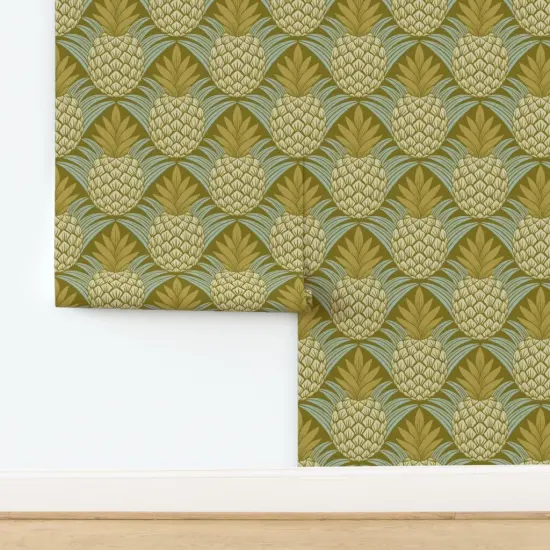 Pre-Pasted Wallpaper 2FT Wide Bold Pineapples Moss Green Pale Blue Tropical Fruit Retro Kitchen Custom Pre-pasted Wallpaper by Spoonflower {2}