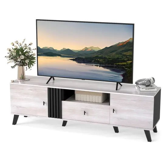 Costway Mid Century Modern TV Stand for 80" TVs with Open Shelf 2 Side Cabinets {1}