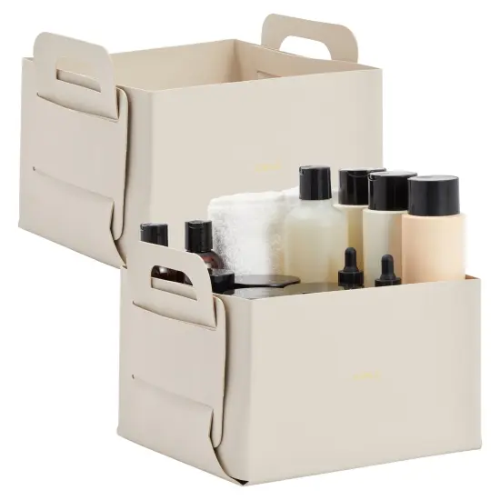 2 Pack Faux Leather Foldable Storage Bins with Handles, Collapsible Baskets for Home Organization (Grey, 10 x 9.5 x 6.5 inches) {1}