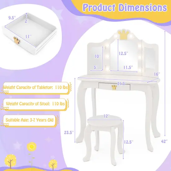 Costway Kids Vanity Set Princess Vanity Table & Chair Set with Lighted Mirror White/Pink/Purple {10}