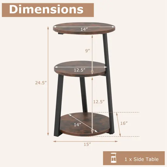 Costway 1/2 PCS 3-Tier Round Side Table with Metal Frame & Adjustable Foot Pads Nightstand {3}